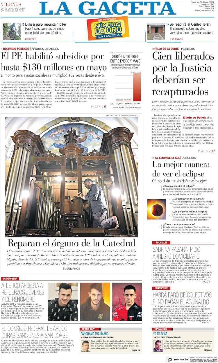 Tapas de diarios - La Gaceta viernes 28-06-19