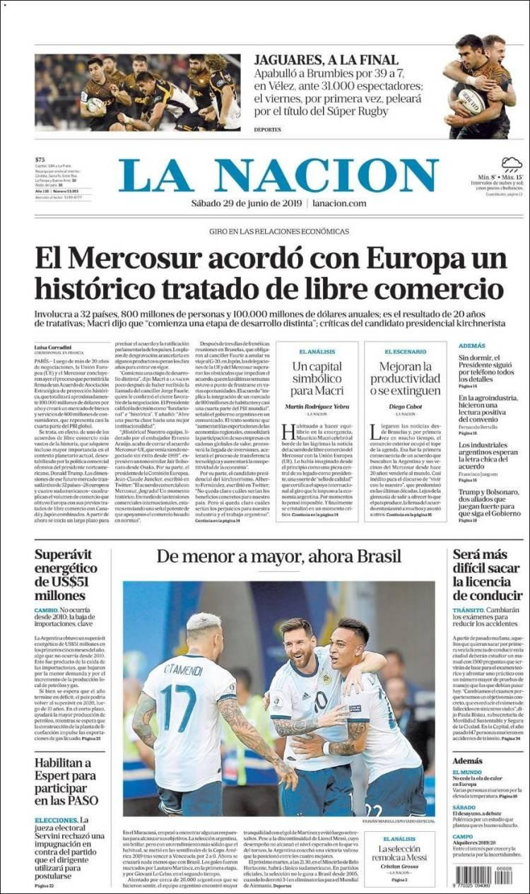 Tapas de diarios - La Nación sábado 29-06-19
