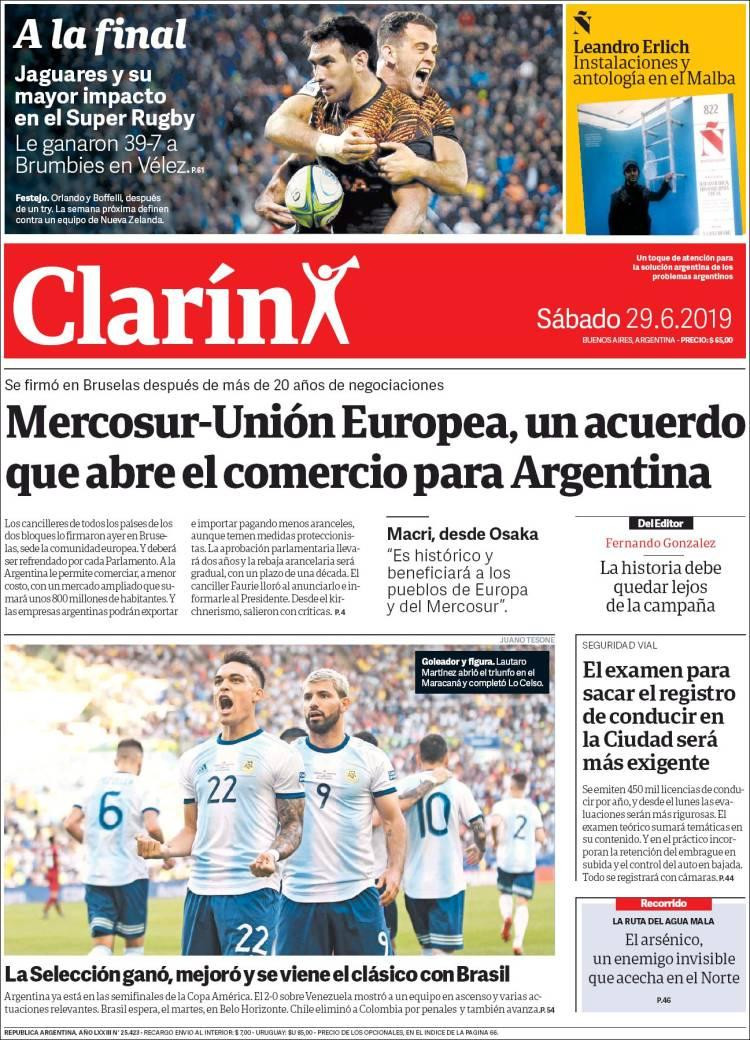 Tapas de diarios - Clarín sábado 29-06-19