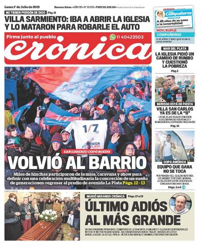 Tapas de diarios - Crónica lunes 1-07-19