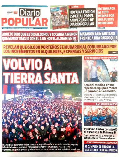 Tapas de diarios - Diario Popular lunes 1-07-19
