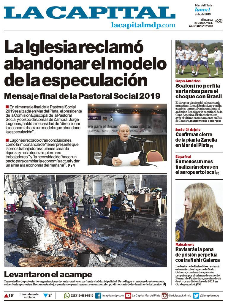 Tapas de diarios - La Capital Mar del Plata lunes 1-07-19