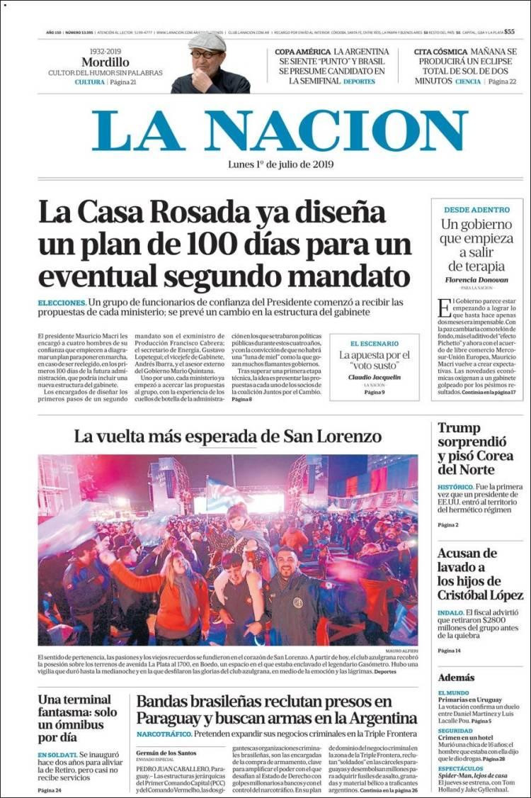 Tapas de diarios - La Nación lunes 1-07-19