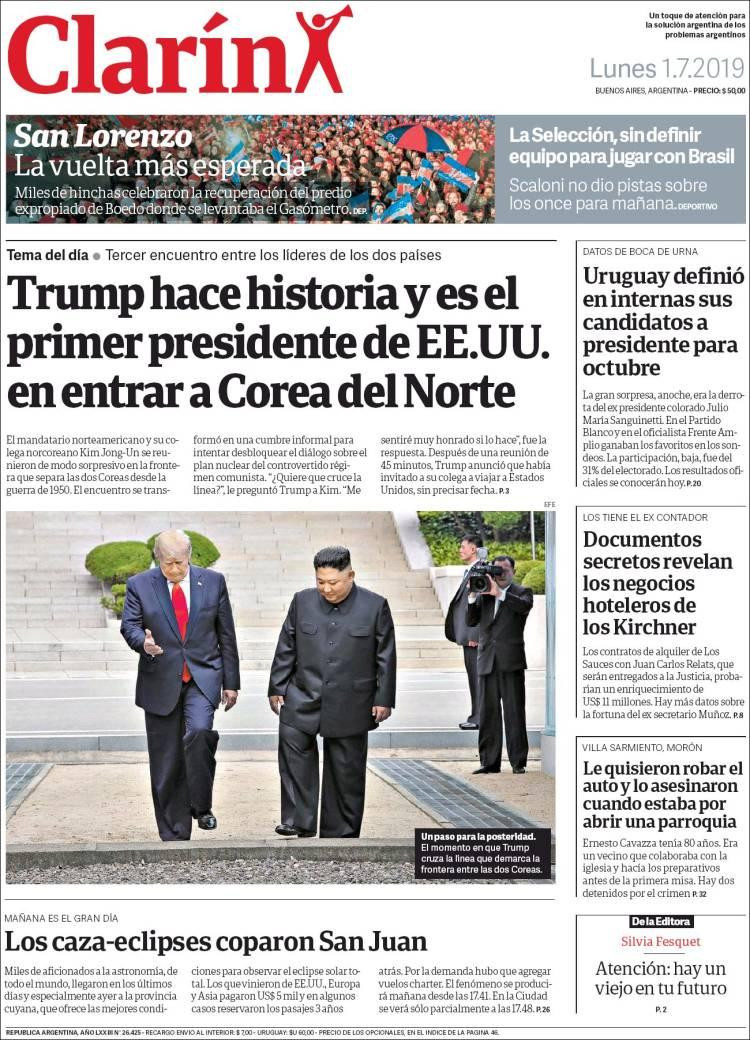 Tapas de diarios - Clarín lunes 1-07-19