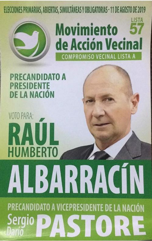 Boletas presidenciales PASO 2019 - Raúl Humberto Albarracín y Sergio Pastore – Movimiento de Acción Vecinal