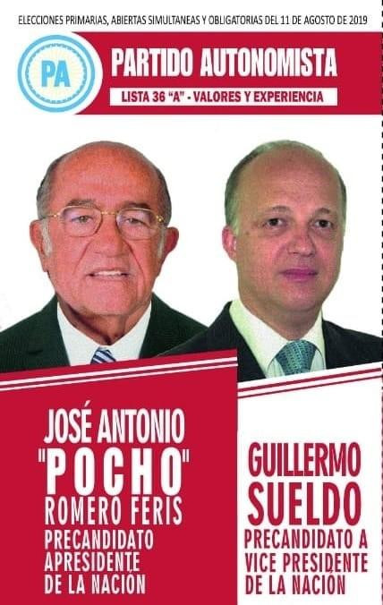 Boletas presidenciales PASO 2019 - José Antonio Pocho Romero Feris y Guillermo Sueldo – Partido Autonomista