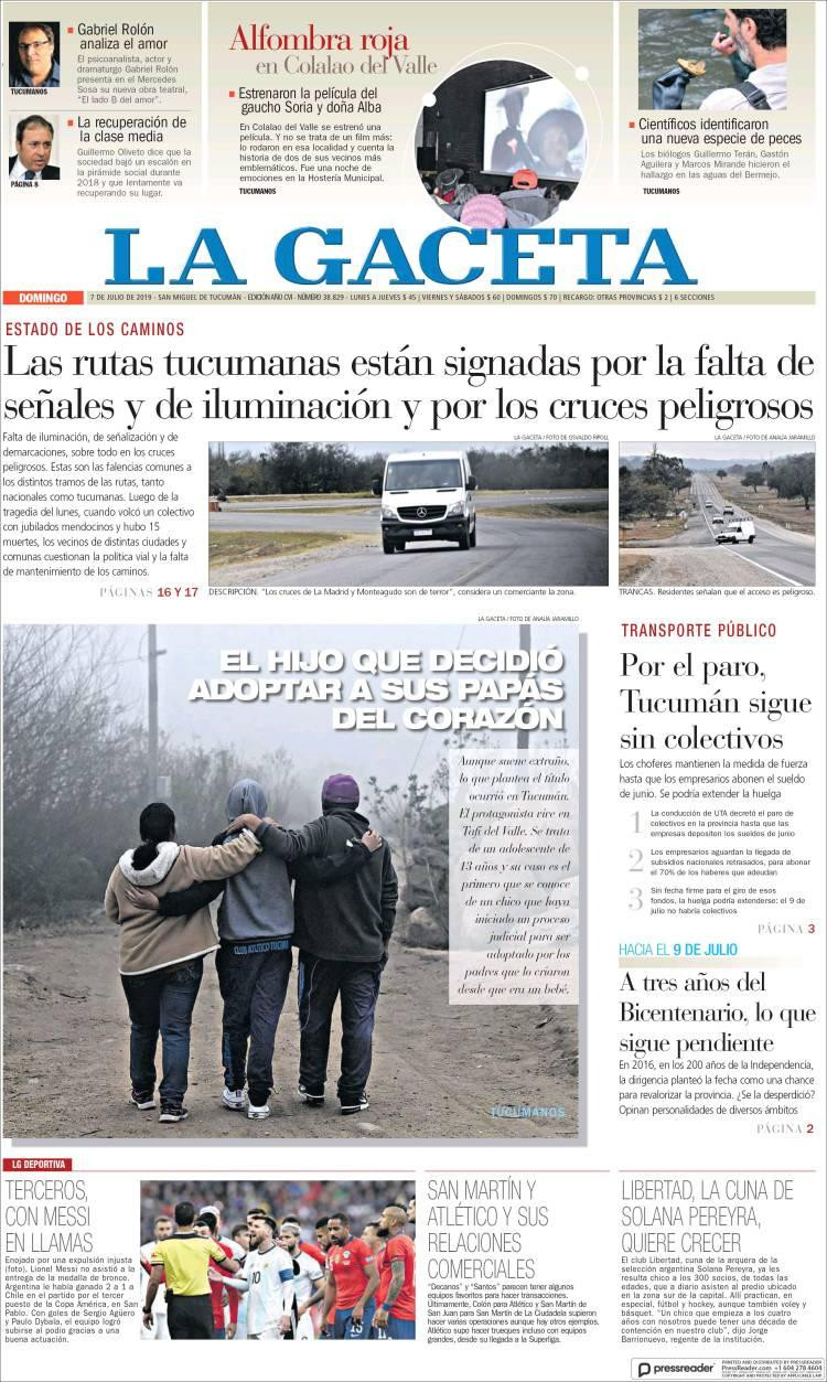 Tapas de Diarios, La Gaceta, Domingo 7-7-19
