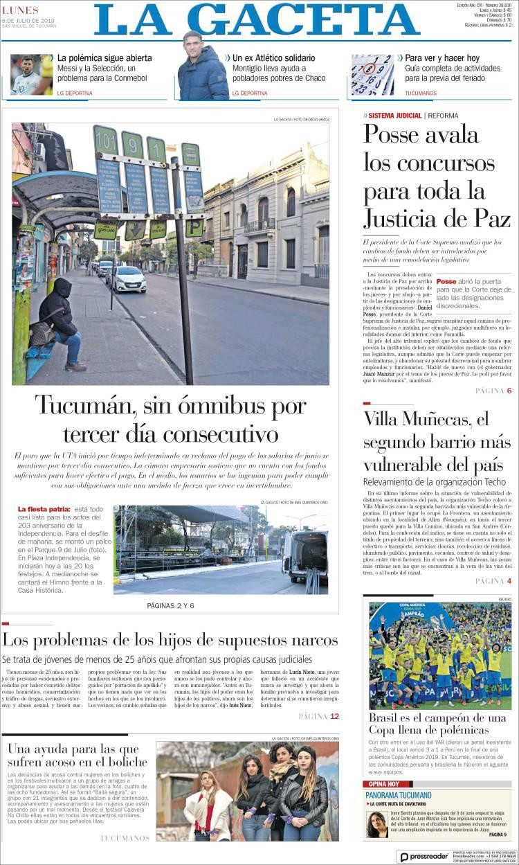 Tapas de diarios -La Gaceta lunes 8-07-19