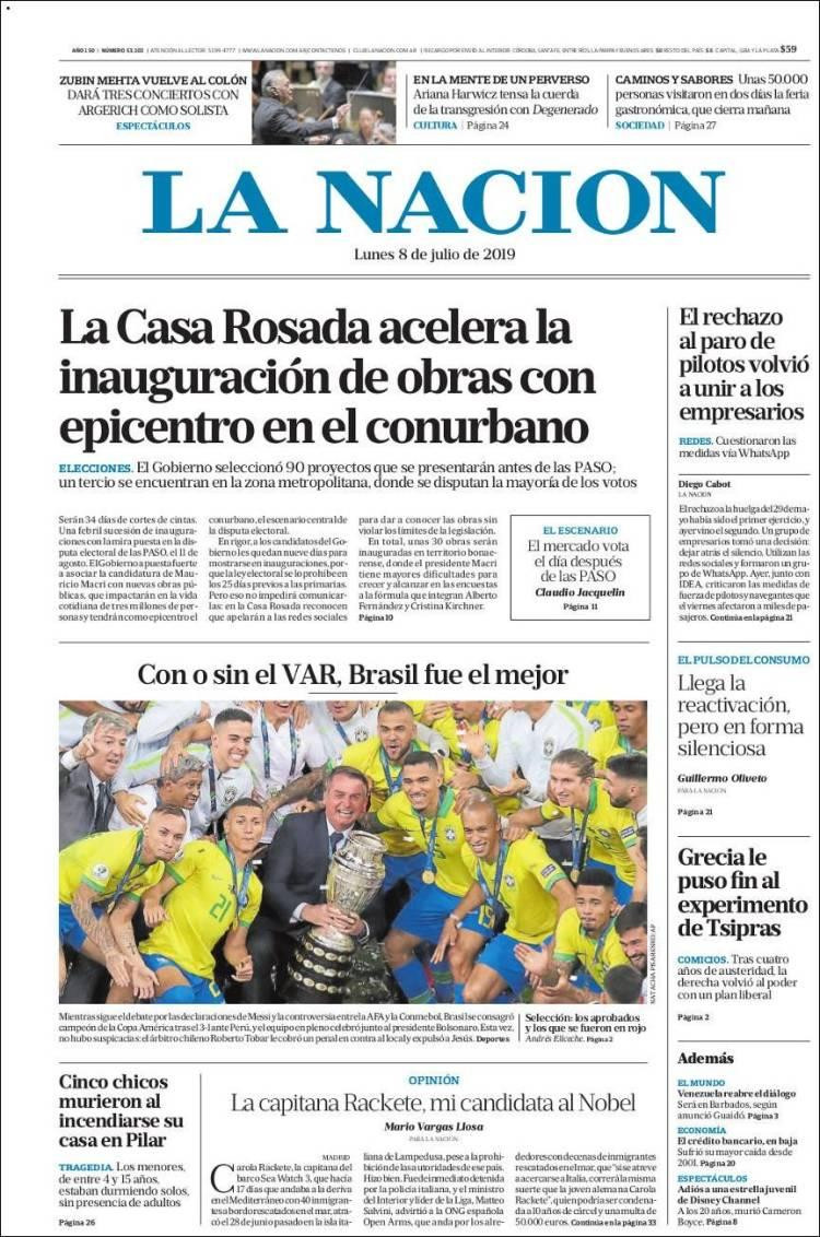 Tapas de diarios - La Nación lunes 8-07-19