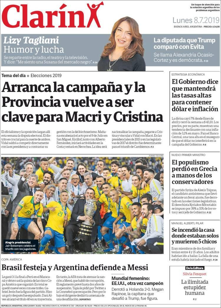 Tapas de diarios - Clarín lunes 8-07-19