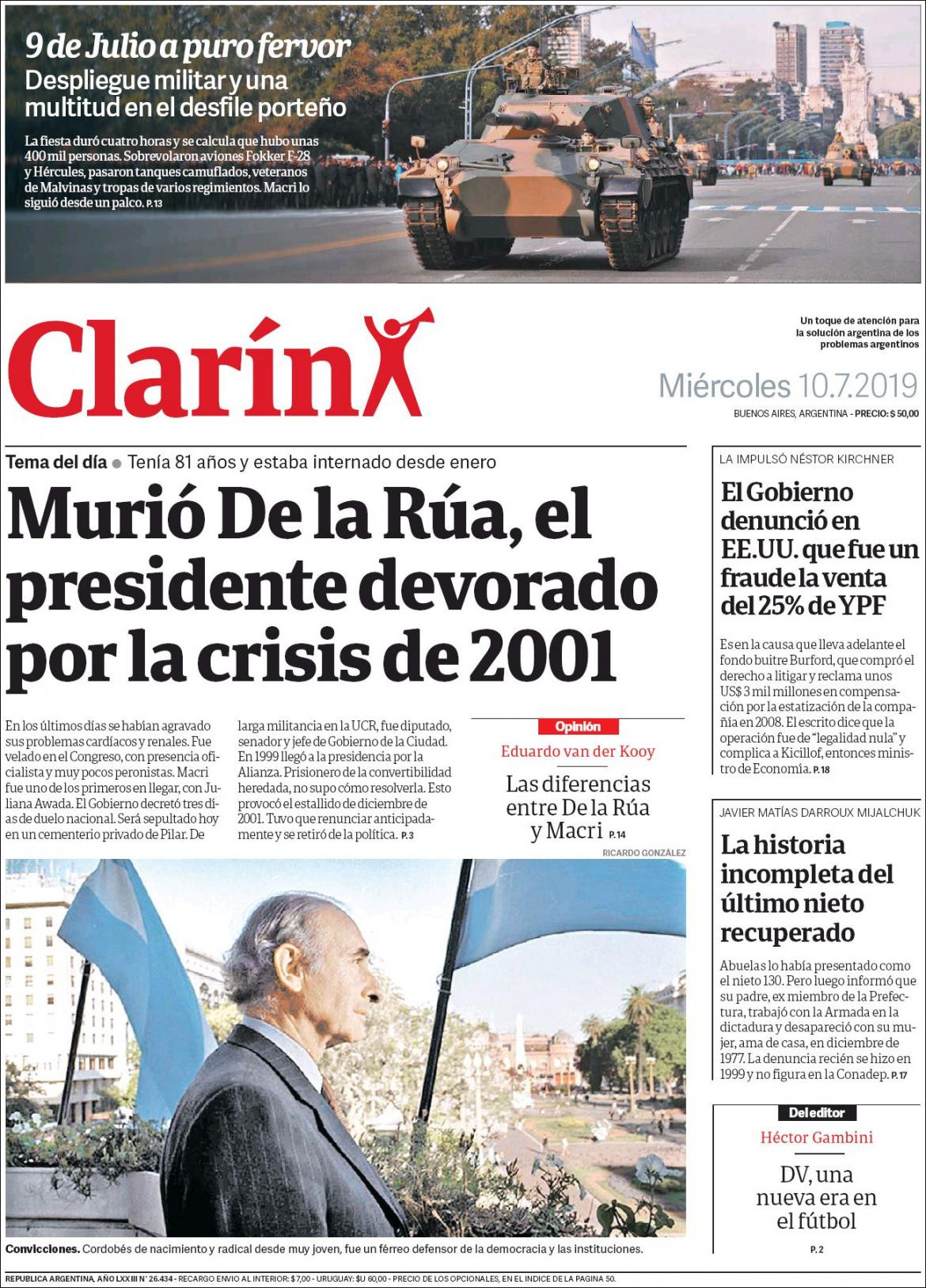 Tapas de diarios - Clarin miércoles 10-07-19