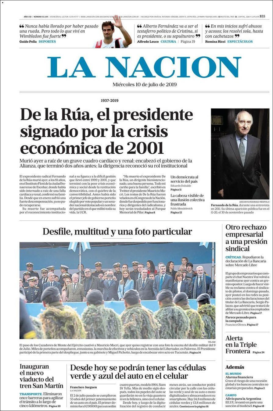 Tapas de diarios - La Nación miércoles 10-07-19