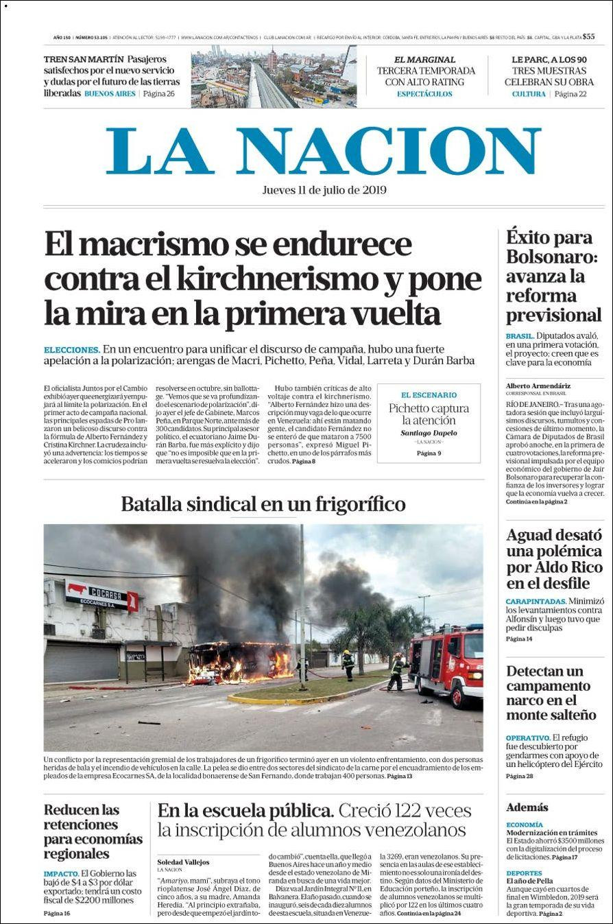 Tapas de diarios - La Nación jueves 11-07-19