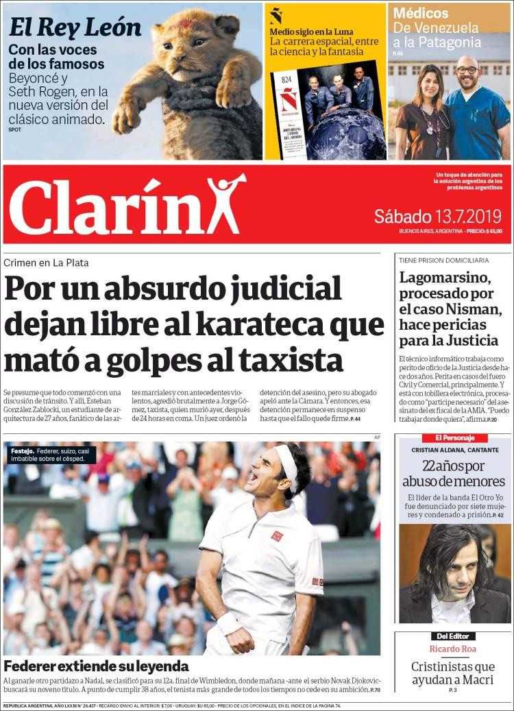 Tapas de diarios, Clarín sábado 13 de julio de 2019	