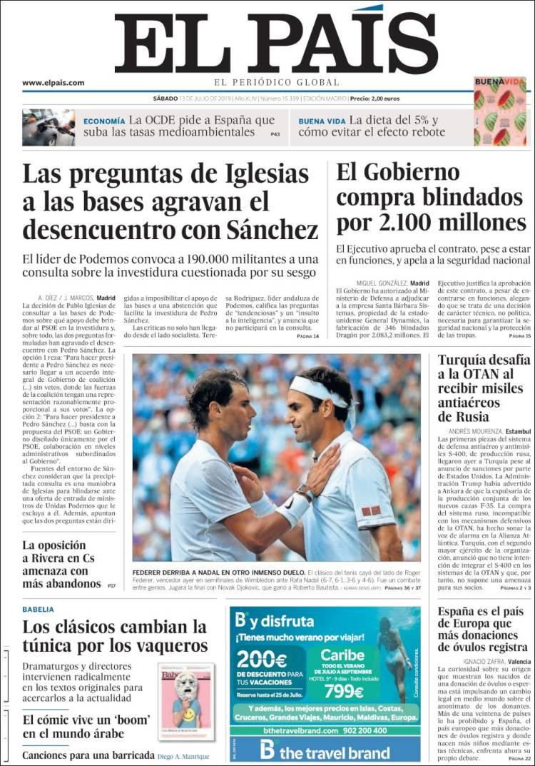 Tapas de diarios, El País sábado 13 de julio de 2019	