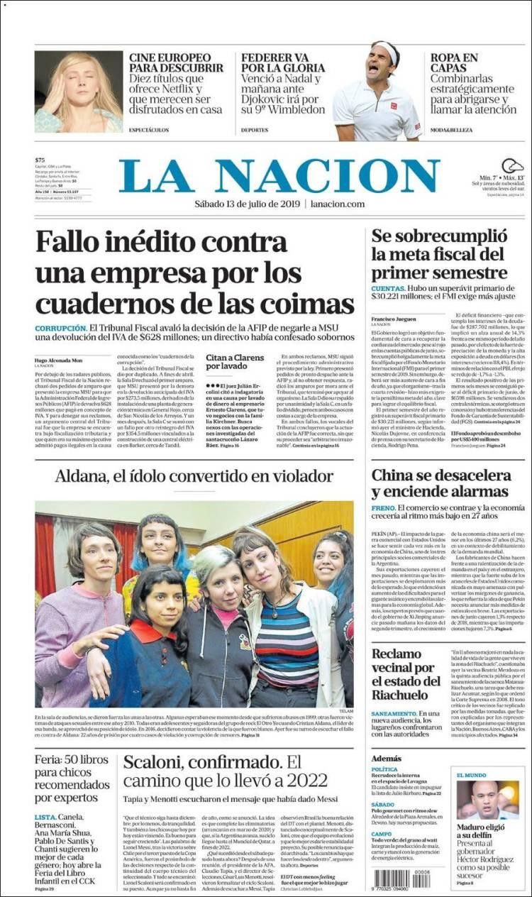 Tapas de diarios,La Nación sábado 13 de julio de 2019	