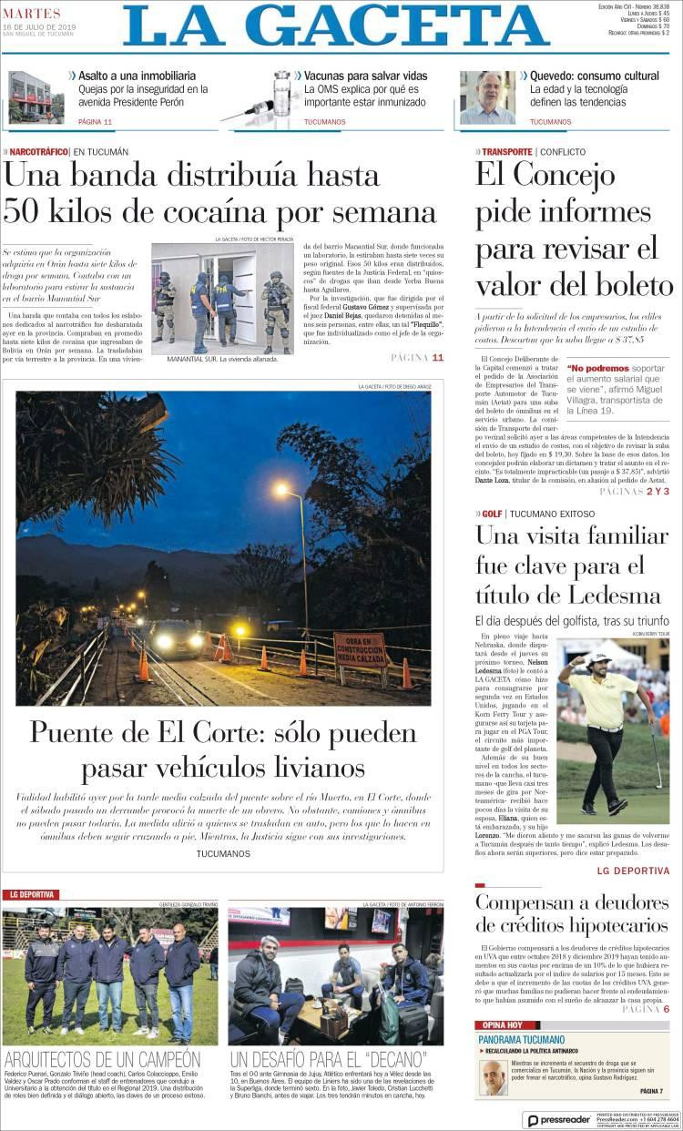Tapas de diarios - La Gaceta martes 16-07-19