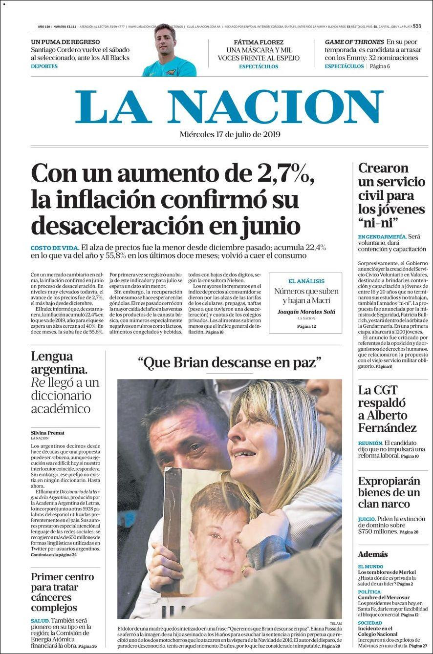 Tapas de diarios - La Nación miércoles 17-07-19