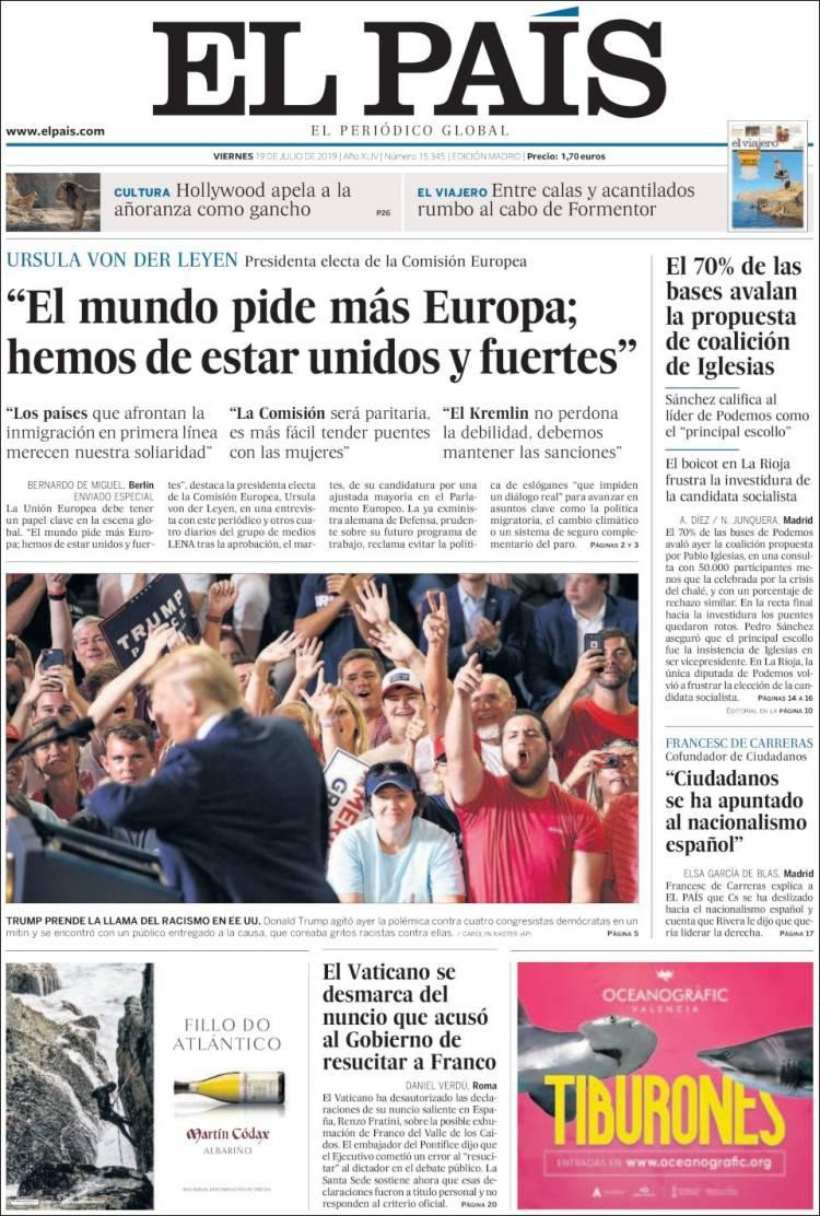 Tapas de diarios, El Pais de España, viernes 19 de julio de 2019