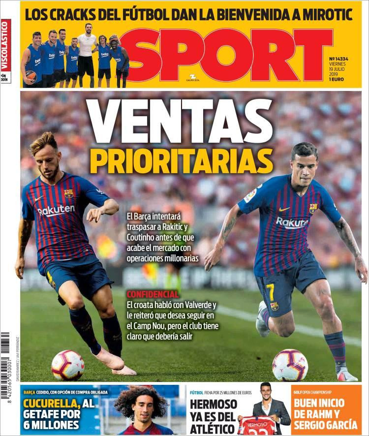 Tapas de diarios, Sport de España, viernes 19 de julio de 2019