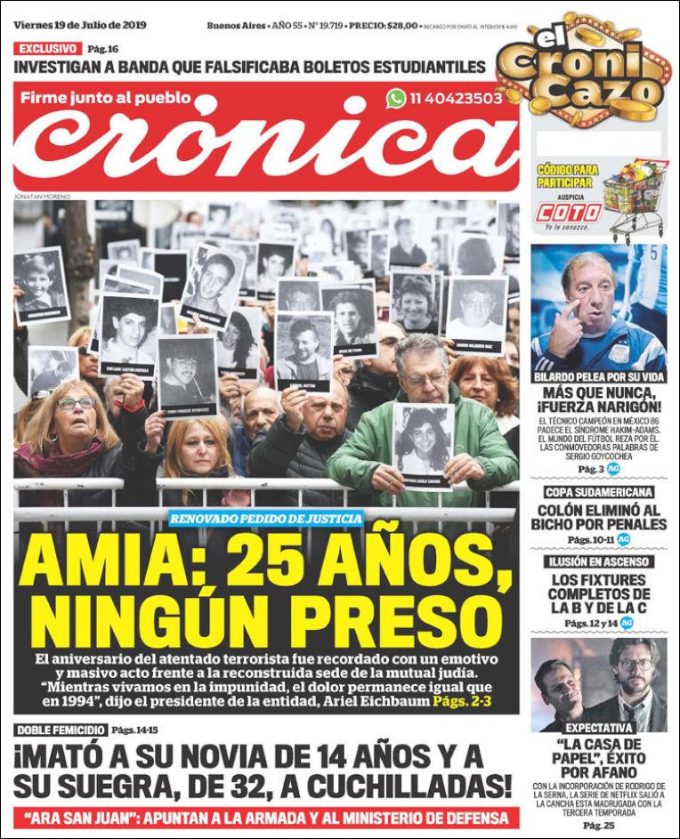 Tapas de diarios, Crónica, viernes 19 de julio de 2019