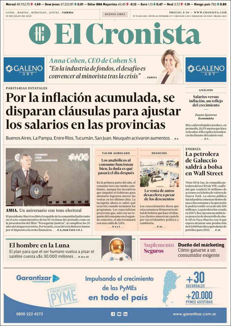Tapas de diarios, El Cronista, viernes 19 de julio de 2019