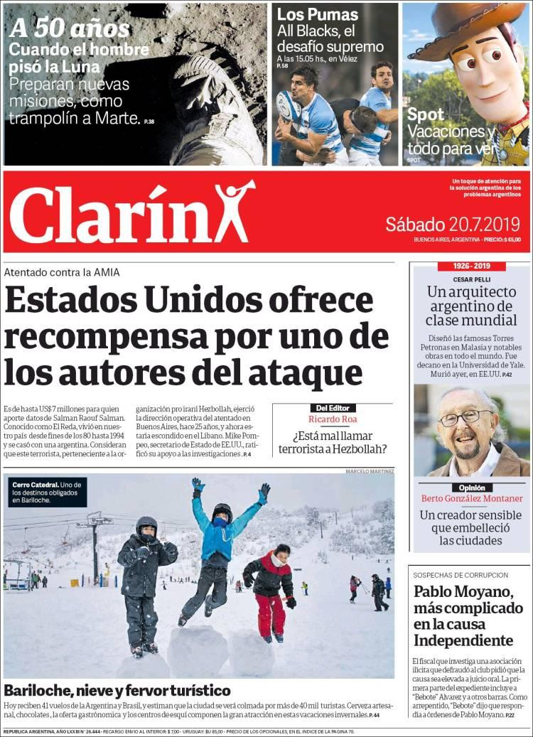 Tapas de diarios, Clarín, sábado 20 de julio de 2019	