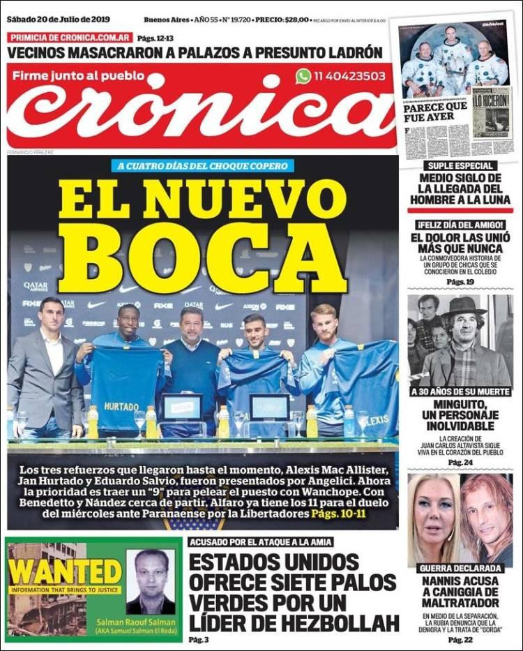 Tapas de diarios, Crónica, sábado 20 de julio de 2019	