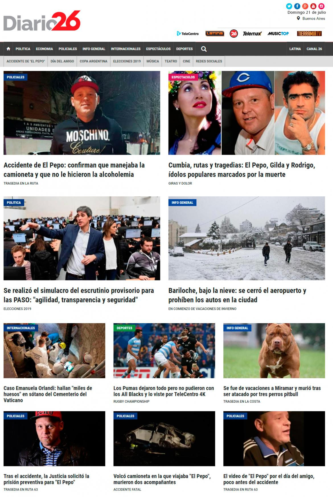 Tapas de diarios, Diario 26, domingo 21 de julio de 2019