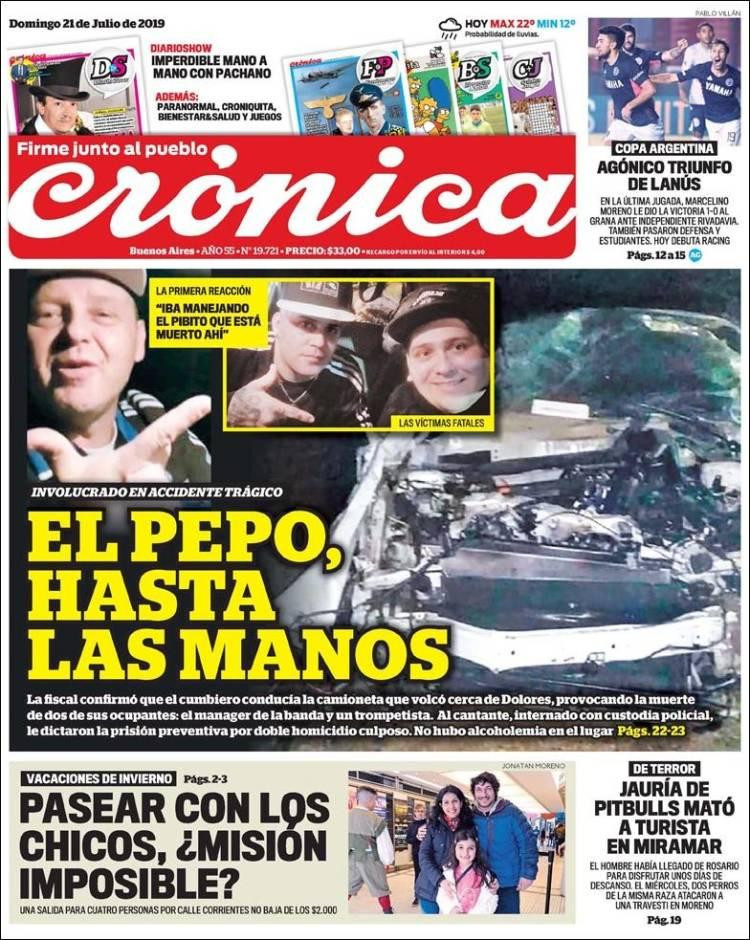 Tapas de diarios, 21 de julio 2019, CRONICA