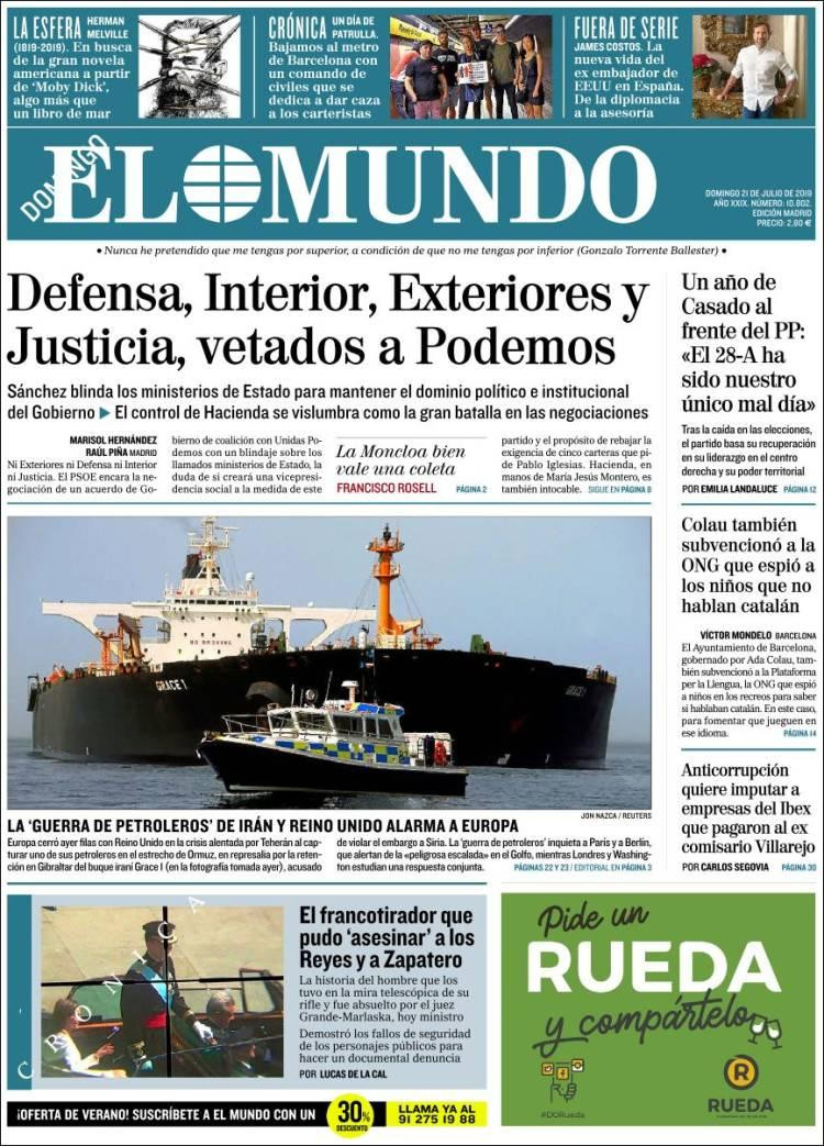 Tapas de diarios, 21 de julio 2019, EL MUNDO