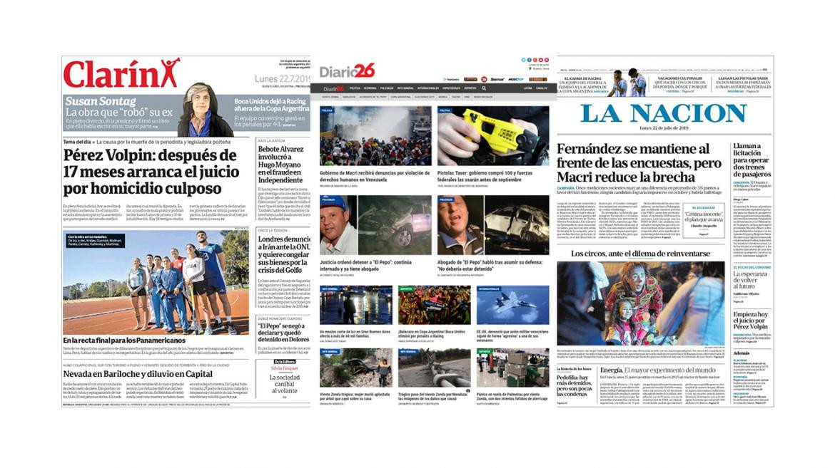 Tapas de diarios argentinos 22-7-19