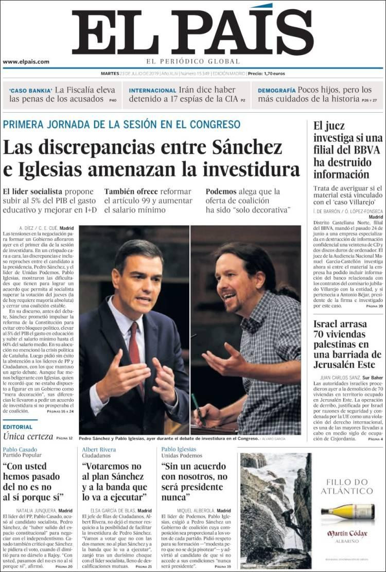Tapas de diarios, El Pais de España, martes 23 de julio de 2019