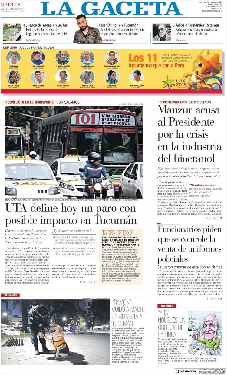 Tapas de diarios, La Gaceta, martes 23 de julio de 2019
