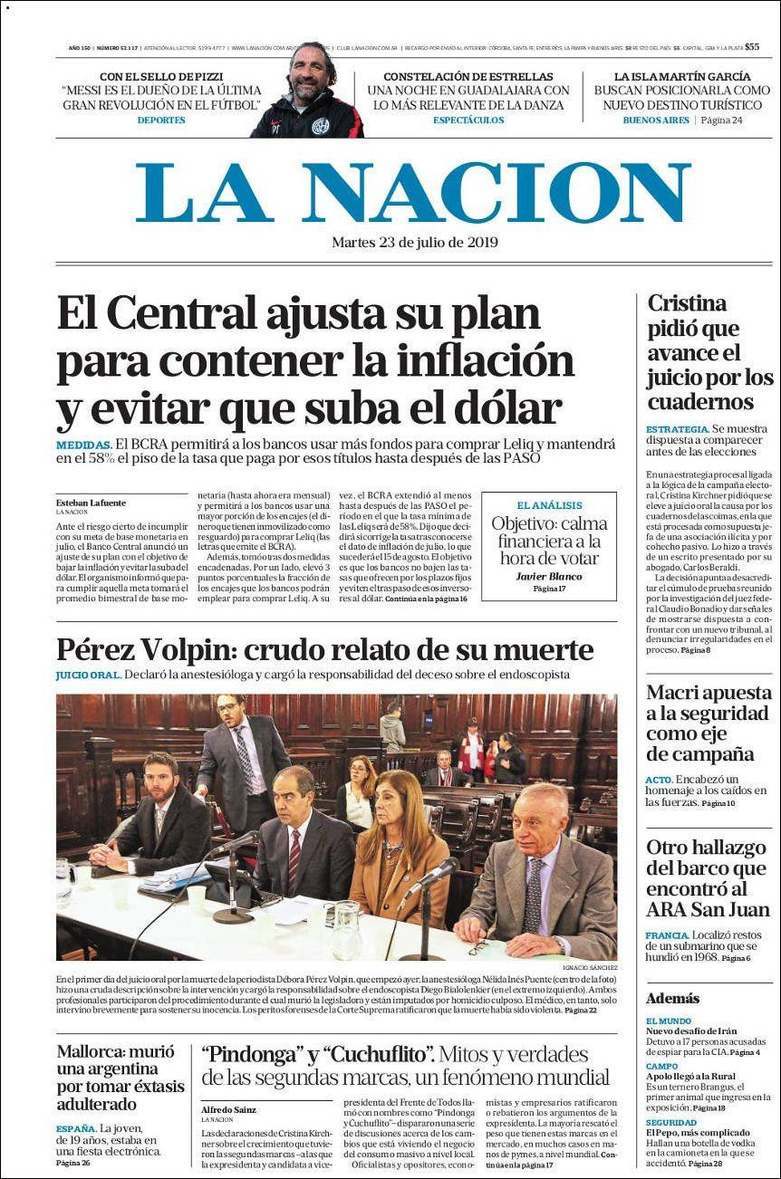 Tapas de diarios, La Nación, martes 23 de julio de 2019