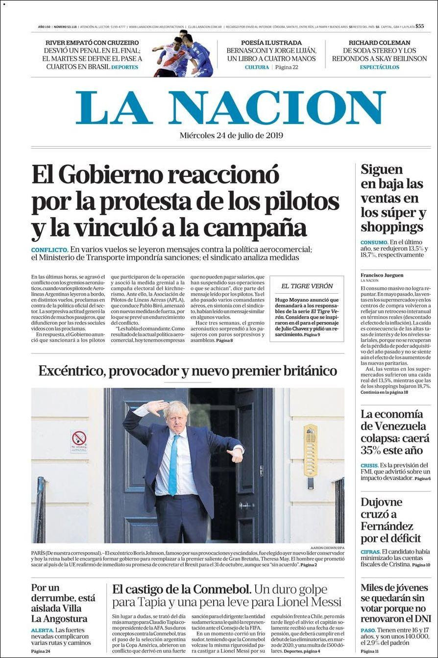 Tapas de diarios, La Nación, miércoles 24 de julio de 2019