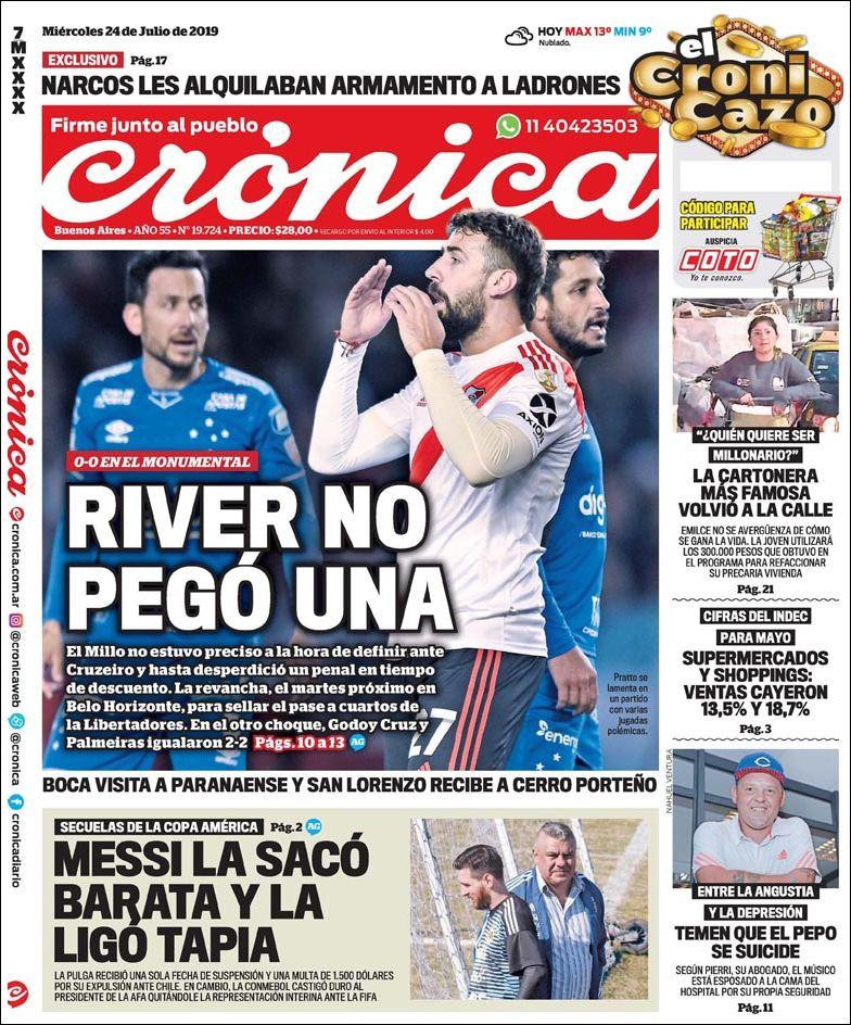 Tapas de diarios, Crónica, miércoles 24 de julio de 2019