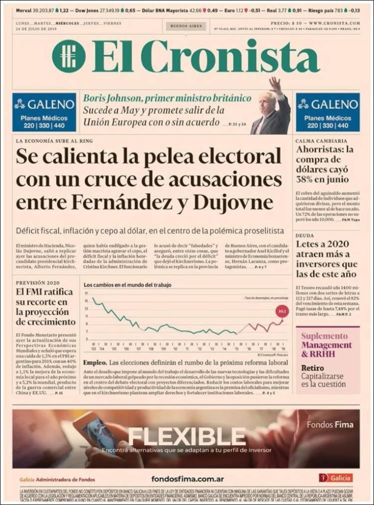 Tapas de diarios, El Cronista, miércoles 24 de julio de 2019