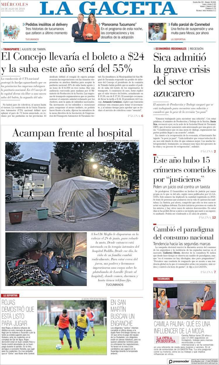 Tapas de diarios, La Gaceta, miércoles 24 de julio de 2019