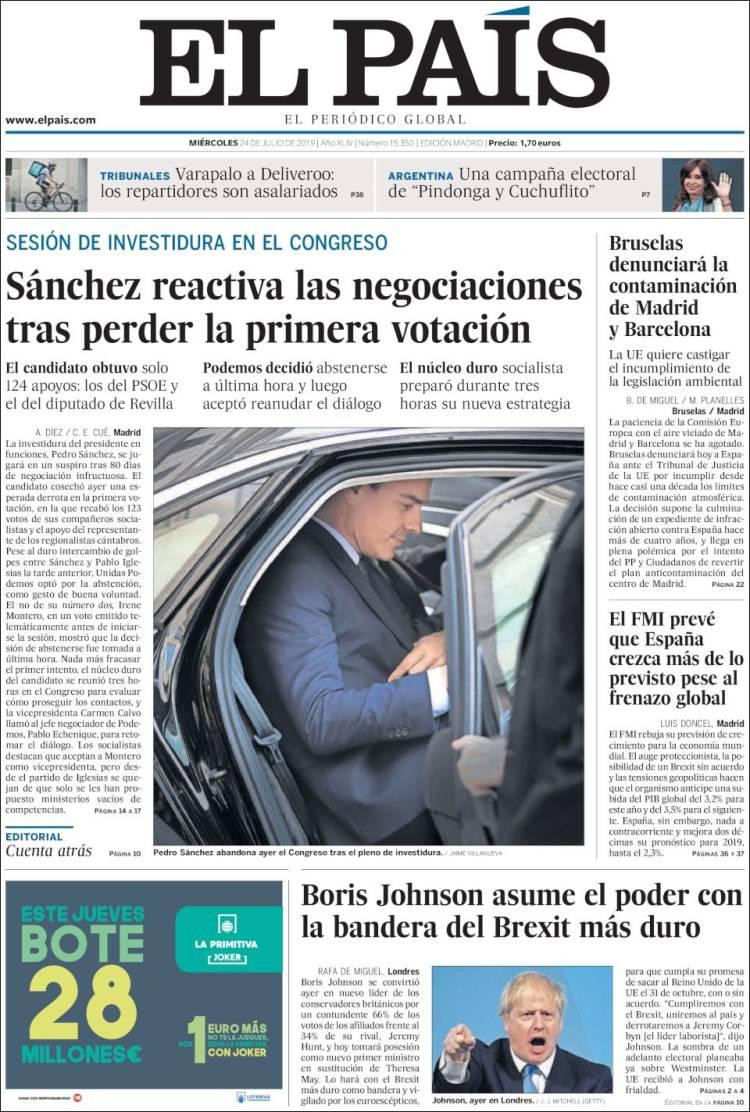Tapas de diarios, El Pais de España, miércoles 24 de julio de 2019