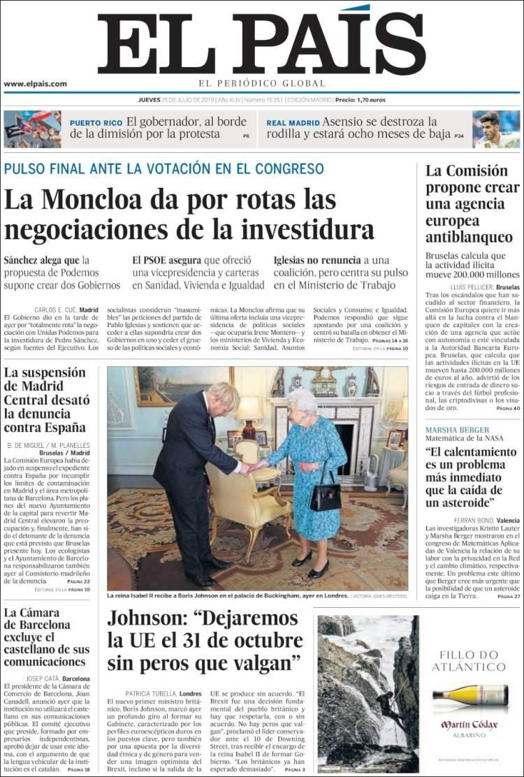 Tapas de diarios, El Pais de España, jueves 25-07-19