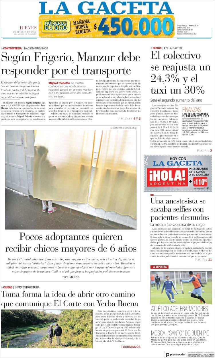 Tapas de diarios, La Gaceta, jueves 25-07-19