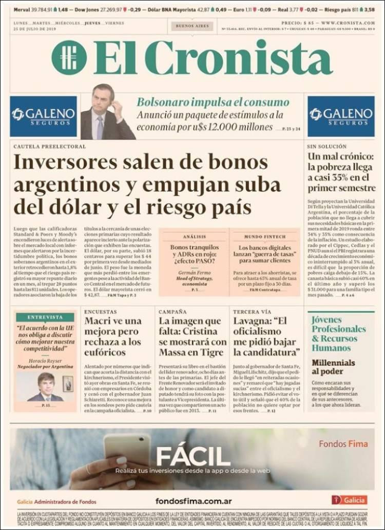Tapas de diarios,El Cronista, jueves 25-07-19