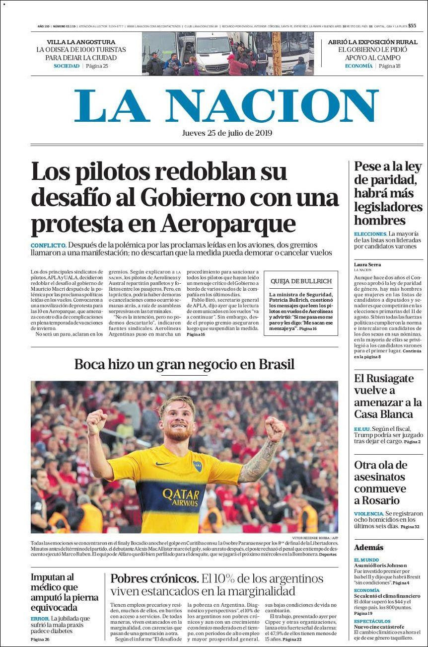 Tapas de diarios, La Nación, jueves 25-07-19