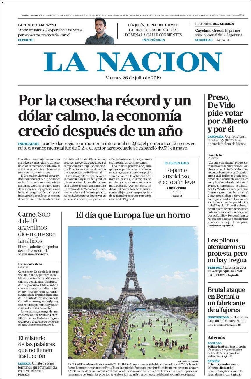 Tapas de diarios, La Nación, viernes 26-07-19