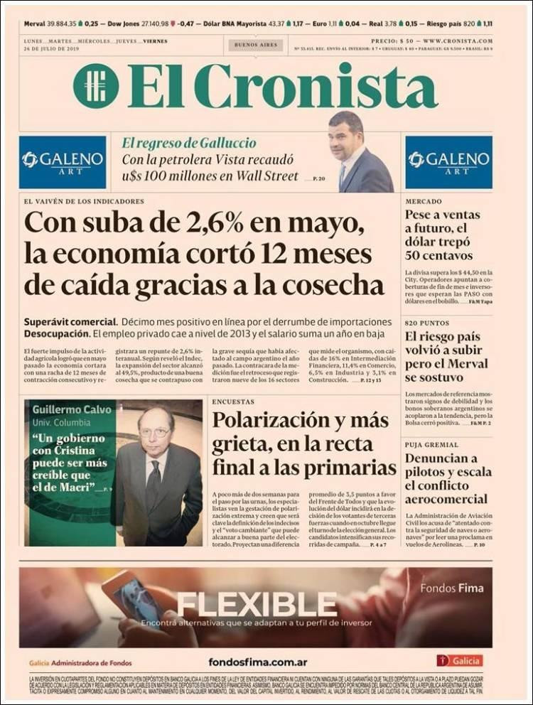 Tapas de diarios, El Cronista, viernes 26-07-19