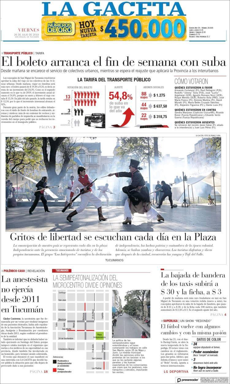 Tapas de diarios, La Gaceta, viernes 26-07-19