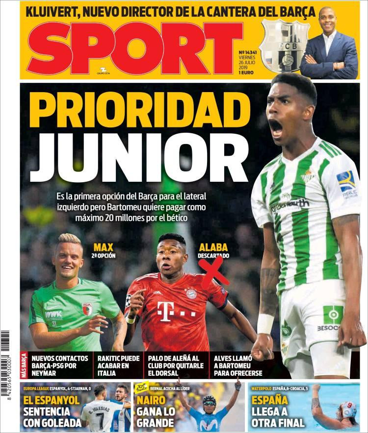 Tapas de diarios, Sport de España, viernes 26-07-19
