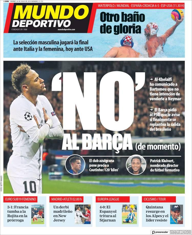 Tapas de diarios, Mundo Deportivo de España, viernes 26-07-19