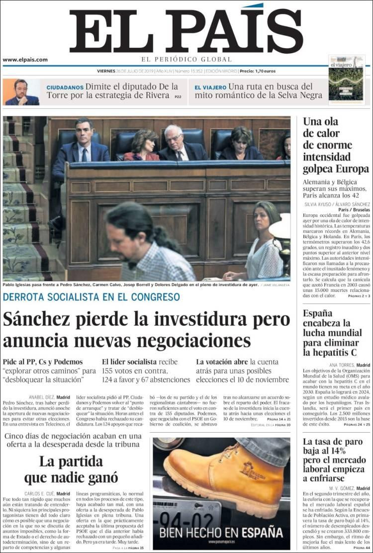 Tapas de diarios, El Pais de España, viernes 26-07-19